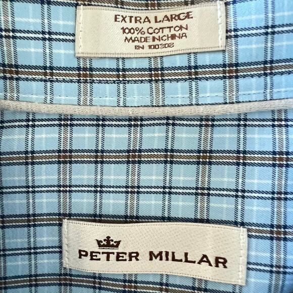Peter Millar Button Up Plaid Shirt Men’s Size XL Blue 100% Cotton Preppy - Picture 3 of 9